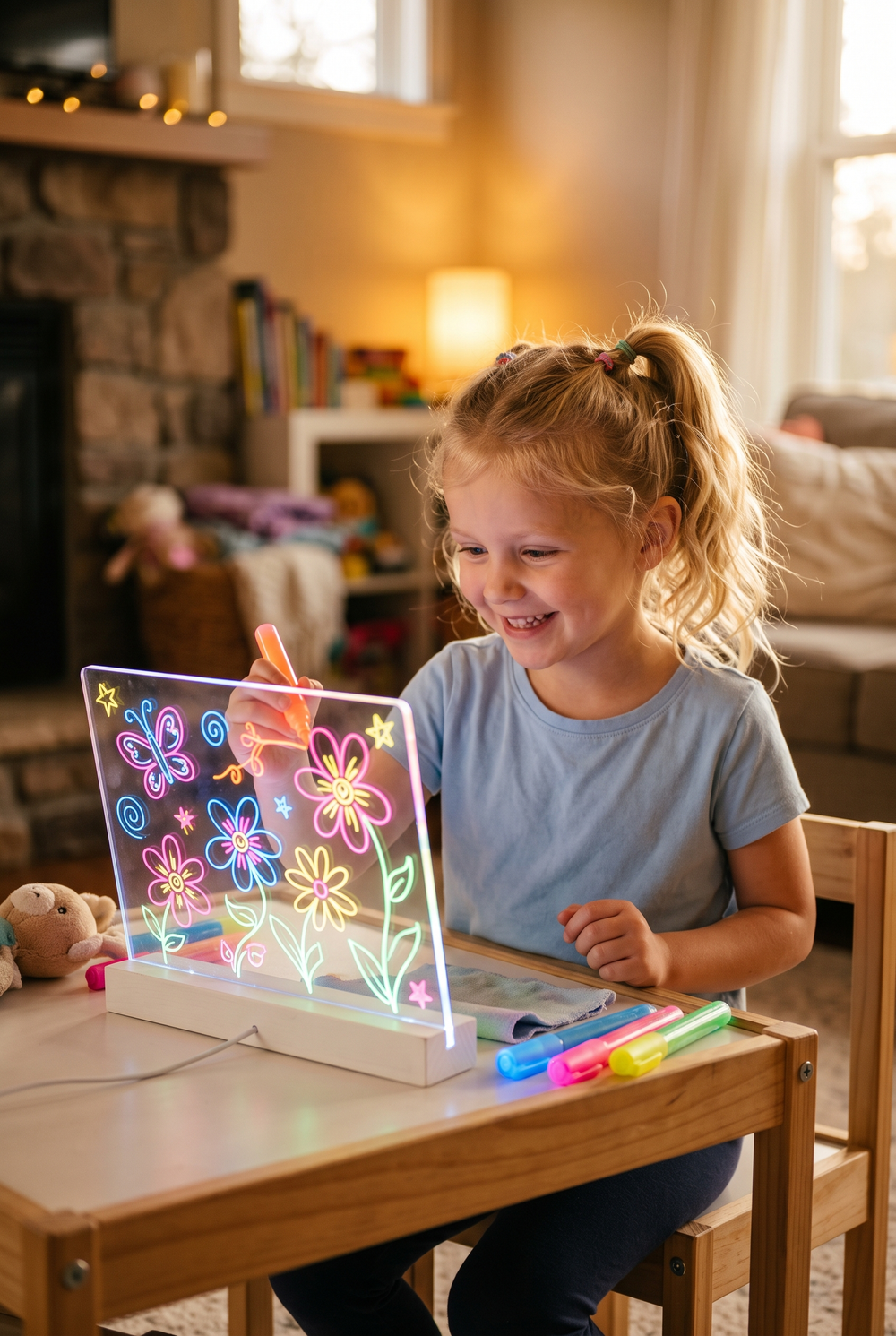Neonio LED Işıklı Çizim ve Boyama Panosu – Stantlı, 7 Kalemli Çocuk Aktivite Seti