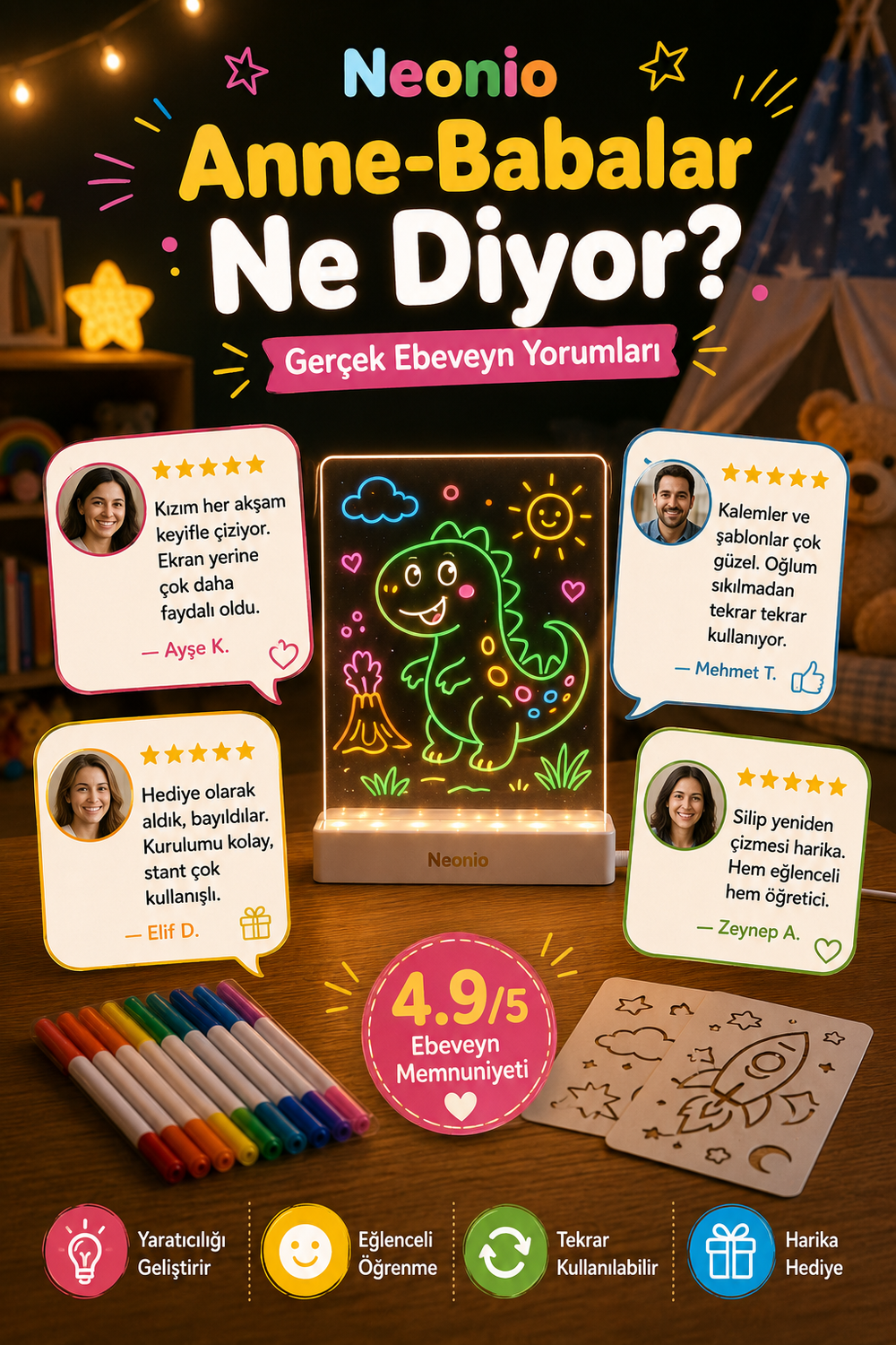 Neonio LED Işıklı Çizim ve Boyama Panosu – Stantlı, 7 Kalemli Çocuk Aktivite Seti