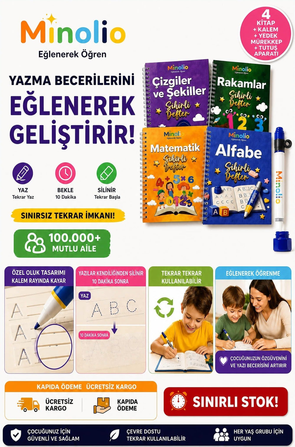 Minolio - Magic Learn Kabartmalı Sihirli Defter – 4 Adet + Sihirli Kalem Hediyeli